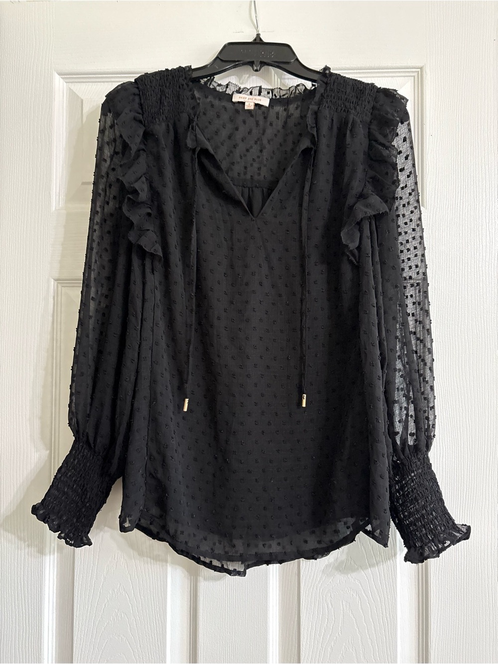Skies Are Blue Black Swiss Dot Ruffle Blouse Small Boho Top